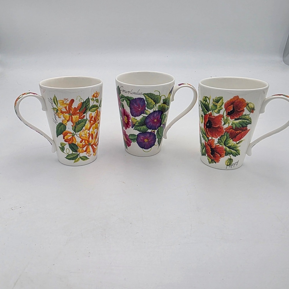 Hudson Middleton Summer Garden Fine Bone China Mugs Set of 3 Poppy Honeysuckle